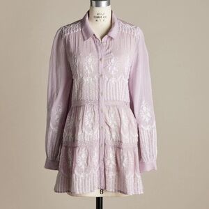 Sundance Royal Riviera Lilac Lace Embroidered Pleated Button Down Tunic Top